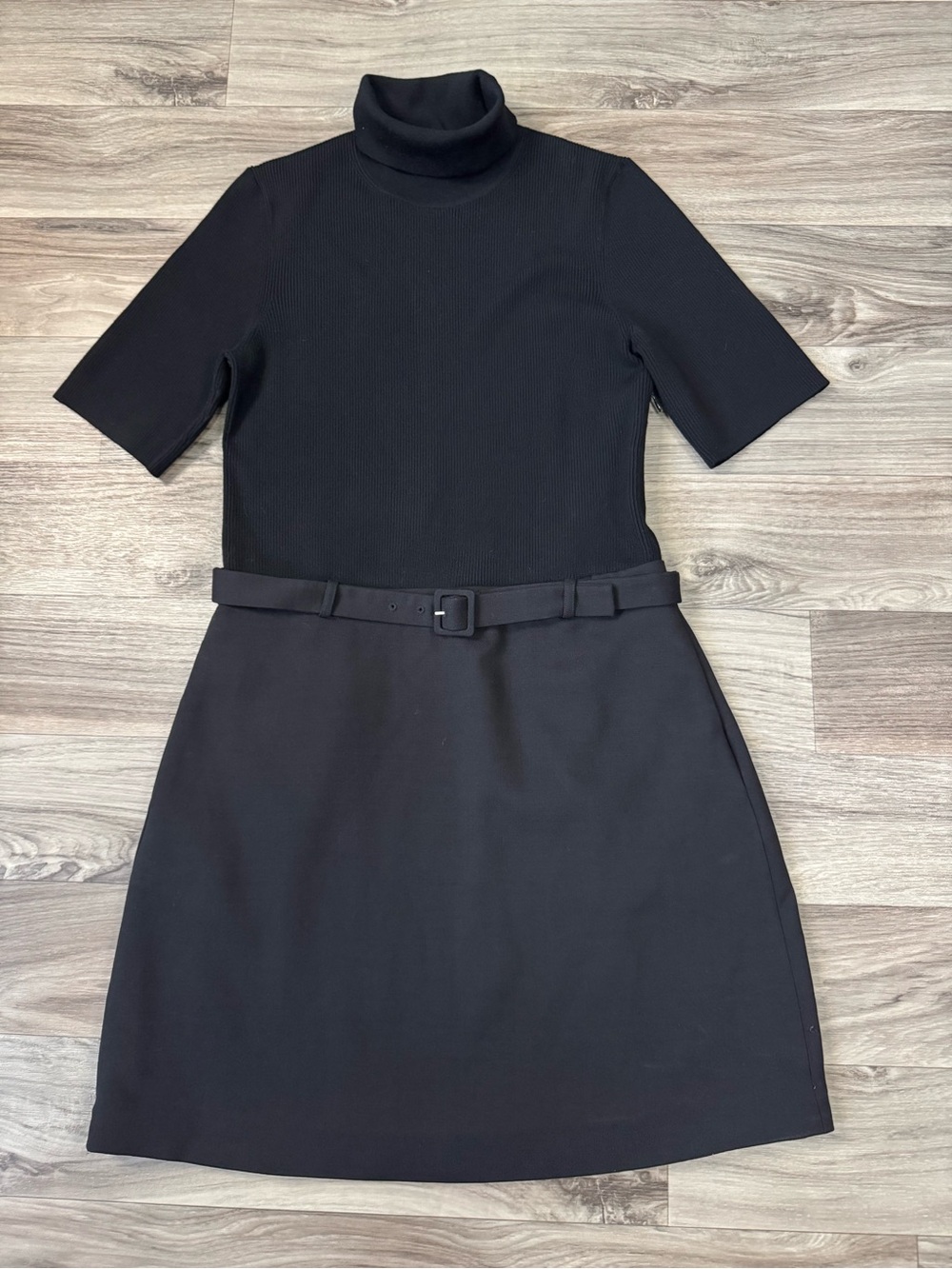 Theory Belted Ribbed Merino Wool-Blend and Twill Turtleneck Mini Dress Sz Large